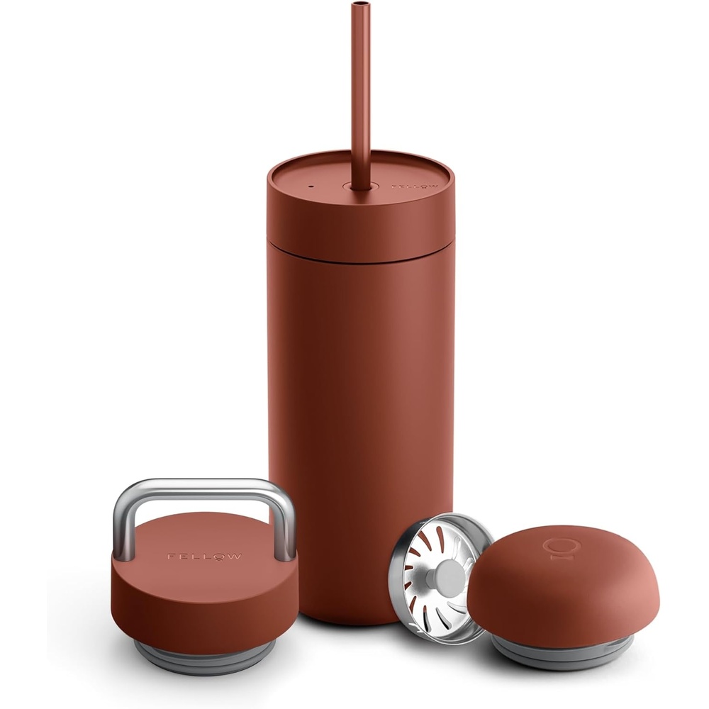image:imageFellow 16 oz Carter Bundle 3 in 1 Travel Mug with SlideLock Move amp Cold Lids with Straw  ToGo Coffee Tumbler Ceramic Interior amp VacuumInsulated Stainless Steel  Coffee CupsMatte WhiteSienna