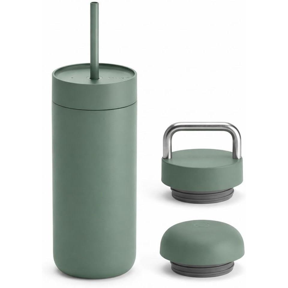 image:imageFellow 16 oz Carter Bundle 3 in 1 Travel Mug with SlideLock Move amp Cold Lids with Straw  ToGo Coffee Tumbler Ceramic Interior amp VacuumInsulated Stainless Steel  Coffee CupsMatte WhiteSmoke Green