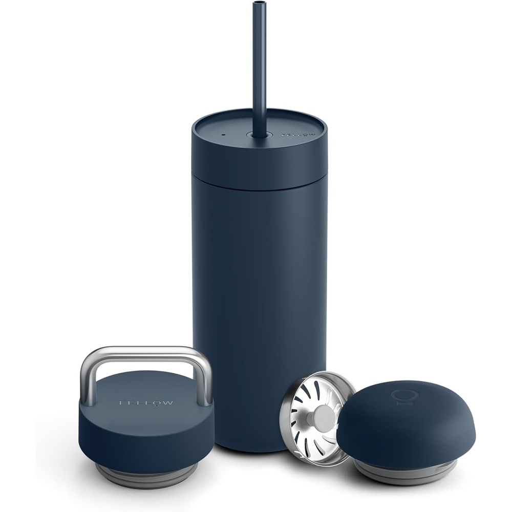 image:imageFellow 16 oz Carter Bundle 3 in 1 Travel Mug with SlideLock Move amp Cold Lids with Straw  ToGo Coffee Tumbler Ceramic Interior amp VacuumInsulated Stainless Steel  Coffee CupsMatte WhiteStone Blue