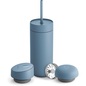 Fellow 16 oz Carter Bundle (3 in 1) Travel Mug with Slide-Lock, Move & Cold Lids with Straw – To-Go Coffee Tumbler, Ceramic Interior & Vacuum-Insulated Stainless Steel – Coffee Cups-Matte White(Hazy Blue)