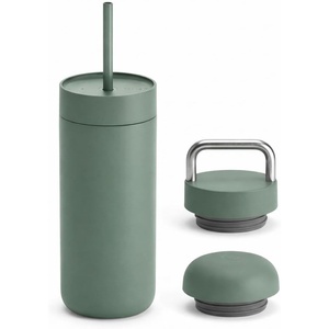 Fellow 16 oz Carter Bundle (3 in 1) Travel Mug with Slide-Lock, Move & Cold Lids with Straw – To-Go Coffee Tumbler, Ceramic Interior & Vacuum-Insulated Stainless Steel – Coffee Cups-Matte White(Smoke Green)