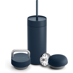 Fellow 16 oz Carter Bundle (3 in 1) Travel Mug with Slide-Lock, Move & Cold Lids with Straw – To-Go Coffee Tumbler, Ceramic Interior & Vacuum-Insulated Stainless Steel – Coffee Cups-Matte White(Stone Blue)