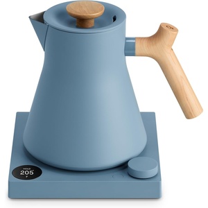 Fellow Corvo EKG Electric Tea Kettle-Electric Pour Over Coffee and Tea Pot-Quick Heating Electric Kettles-Temperature Control & Built-In Brew Timer-Matte White with Maple Handle-0.9 Liter(Hazy Blue with Maple Handle + Lid Pull)